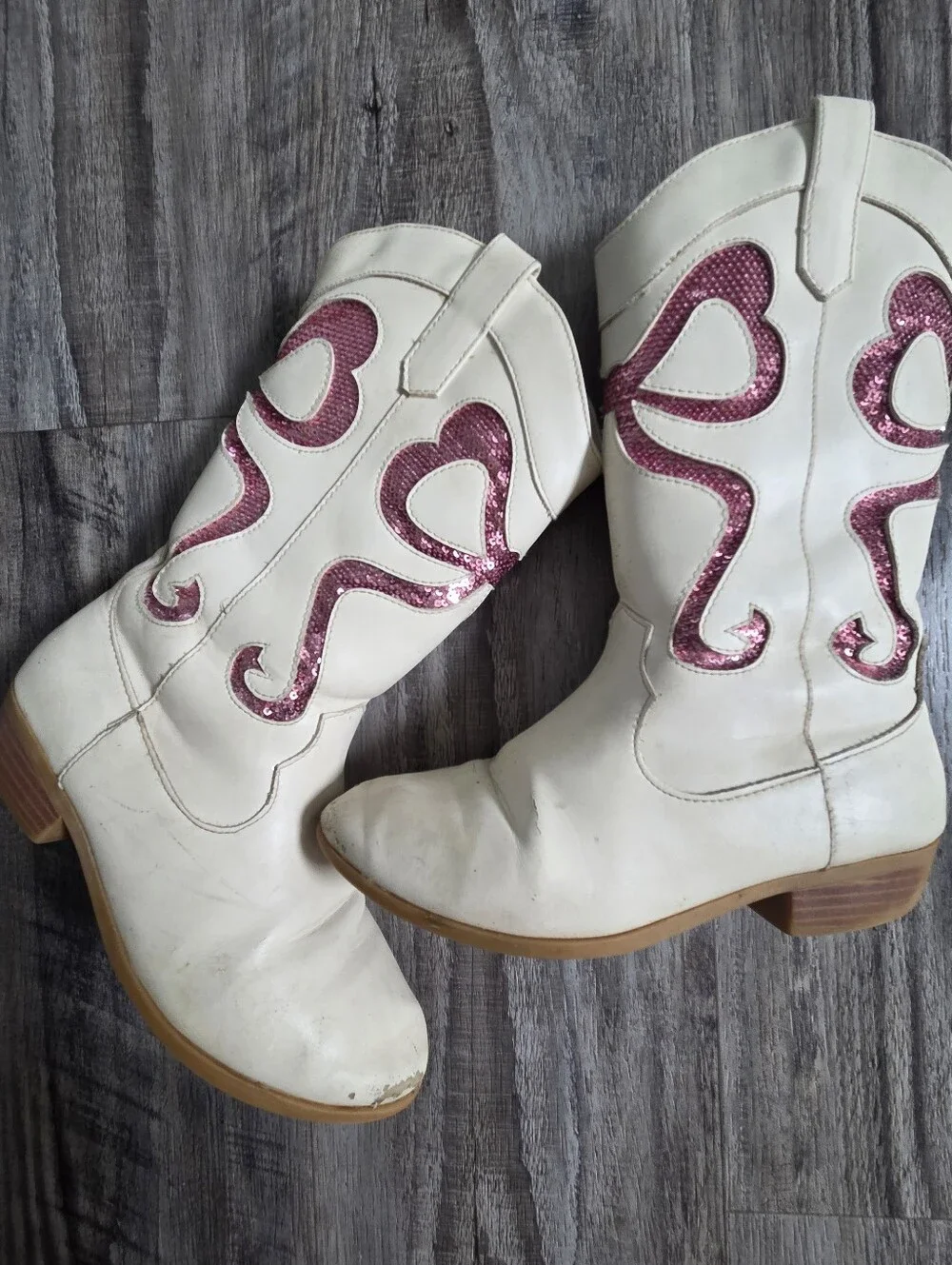 Girls Size 4 White Pink Sequin Western Cowboy Boots Y2K